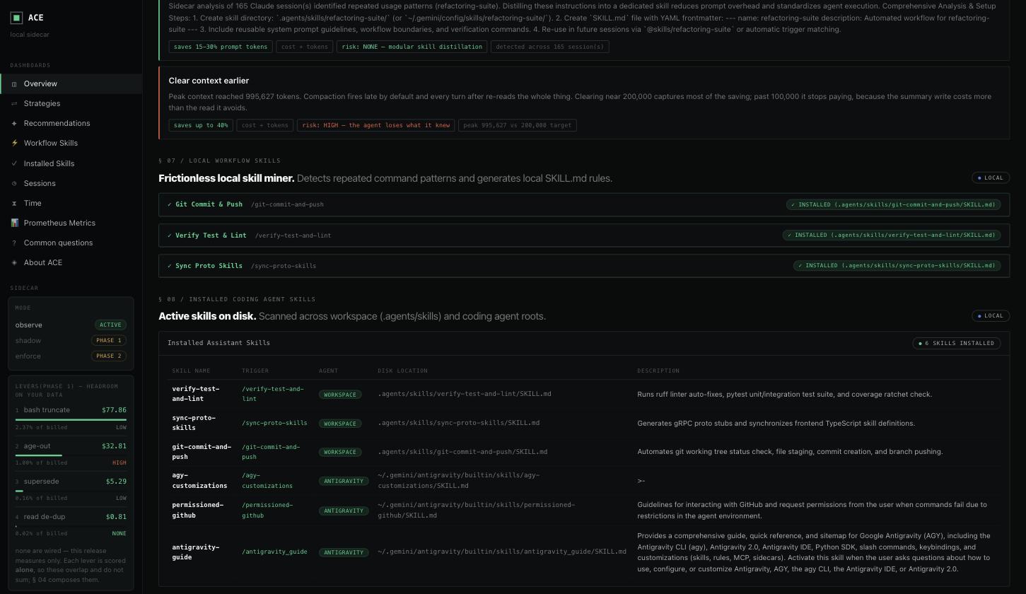 The workflow skill miner: three detected command patterns installed as SKILL.md rules, above a table of six installed skills with their triggers, agents and disk locations